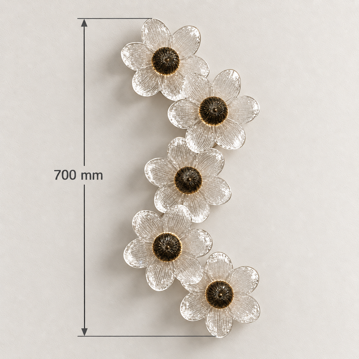 Cascading five-flower glass wall light showing 700 mm overall height