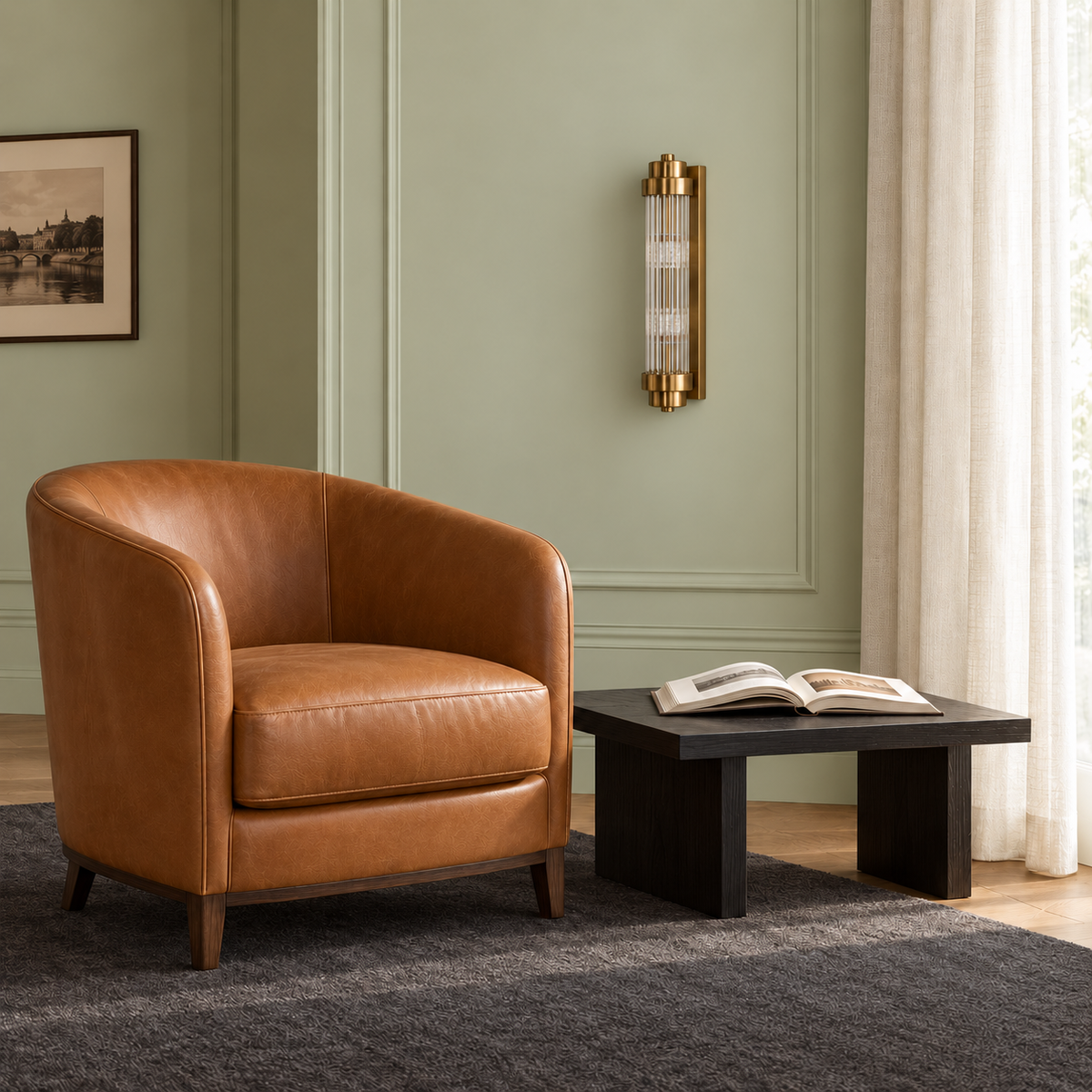 Glass rod wall light beside a leather armchair in a bright room, switched off