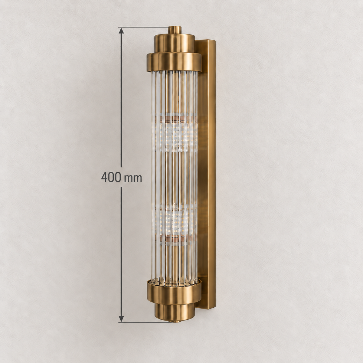 Tiered-cap clear glass rod wall light showing 400 mm overall height