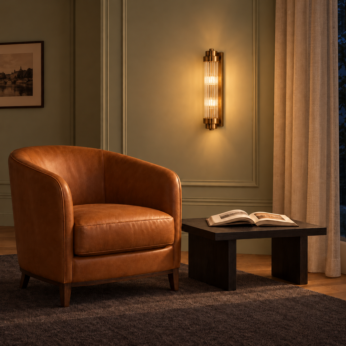 Glass rod wall light illuminated beside a leather armchair at night