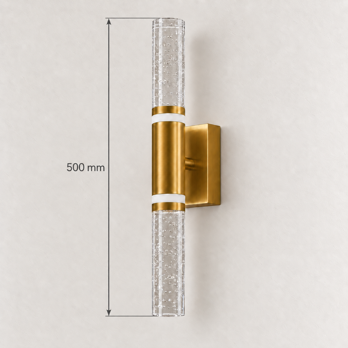 Bubble-textured acrylic baton wall light showing 500 mm overall height