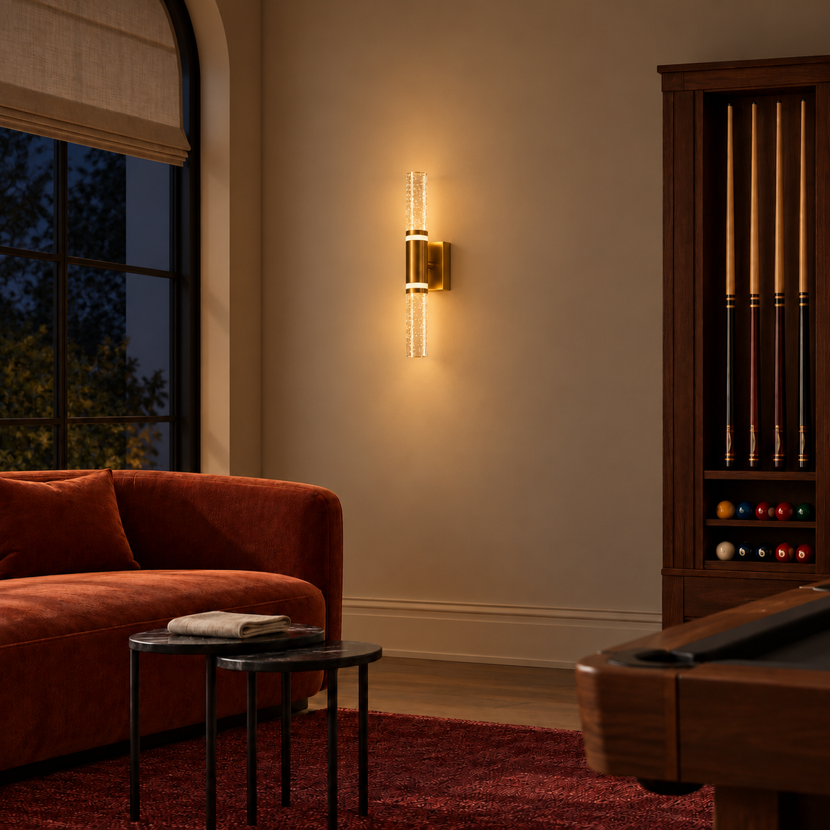 Acrylic baton wall light illuminated beside a sofa and billiards cue cabinet at night