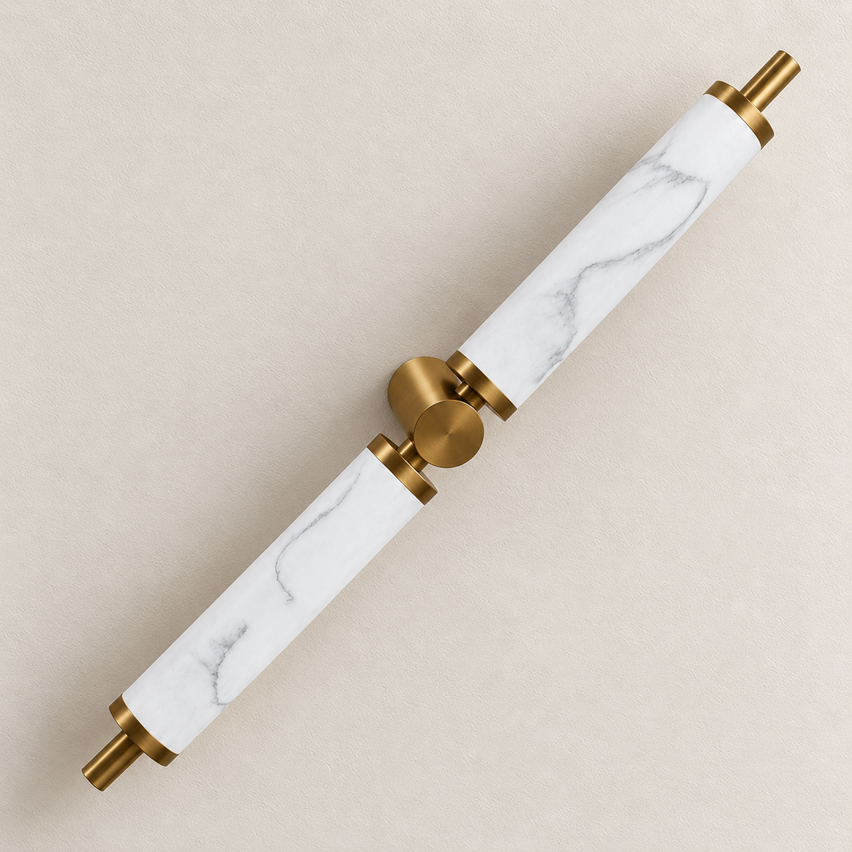 Twin cylinder marble-effect resin wall light with brass-toned accents against an ivory wall