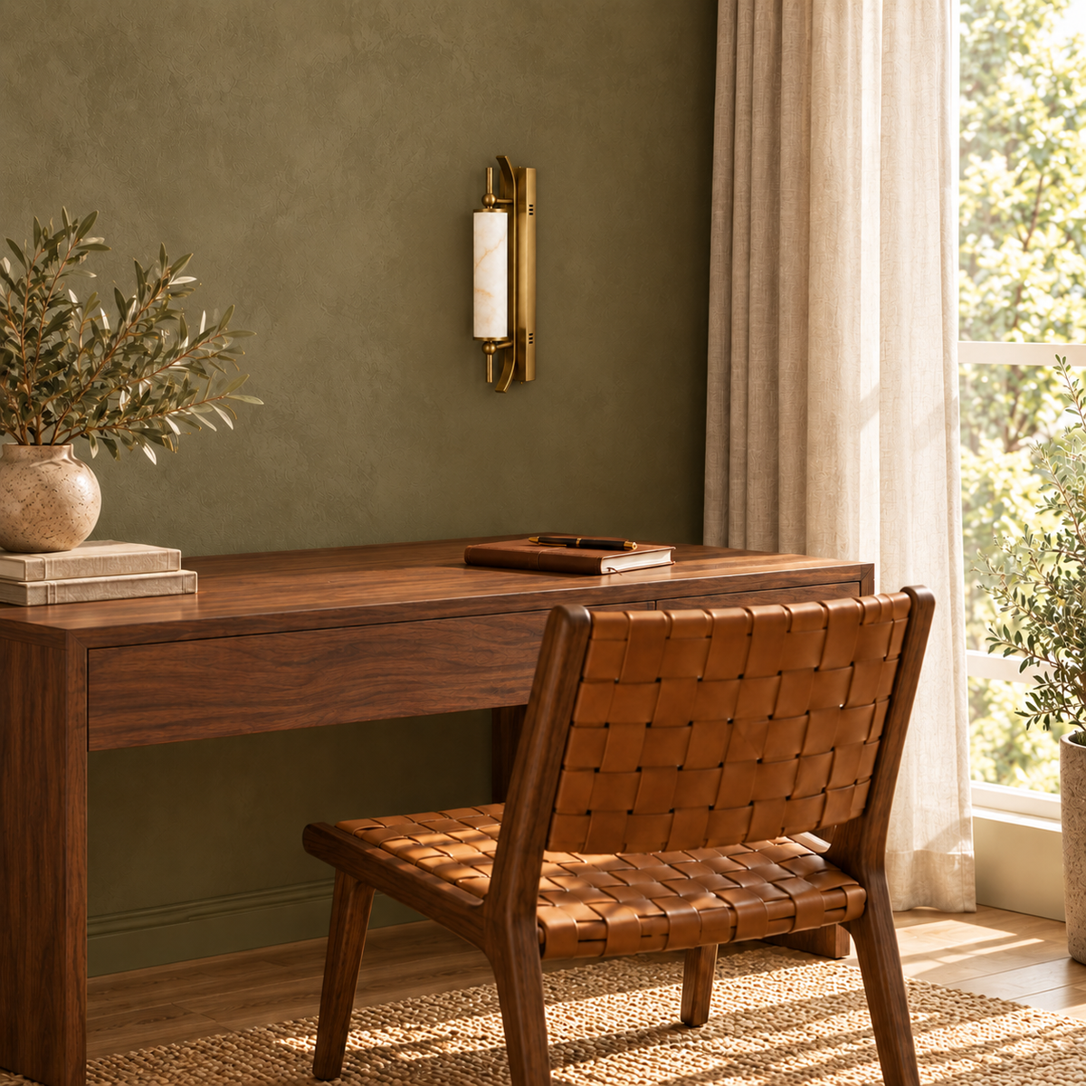Curved frame marble-effect resin wall light above a wooden desk in a bright interior, switched off