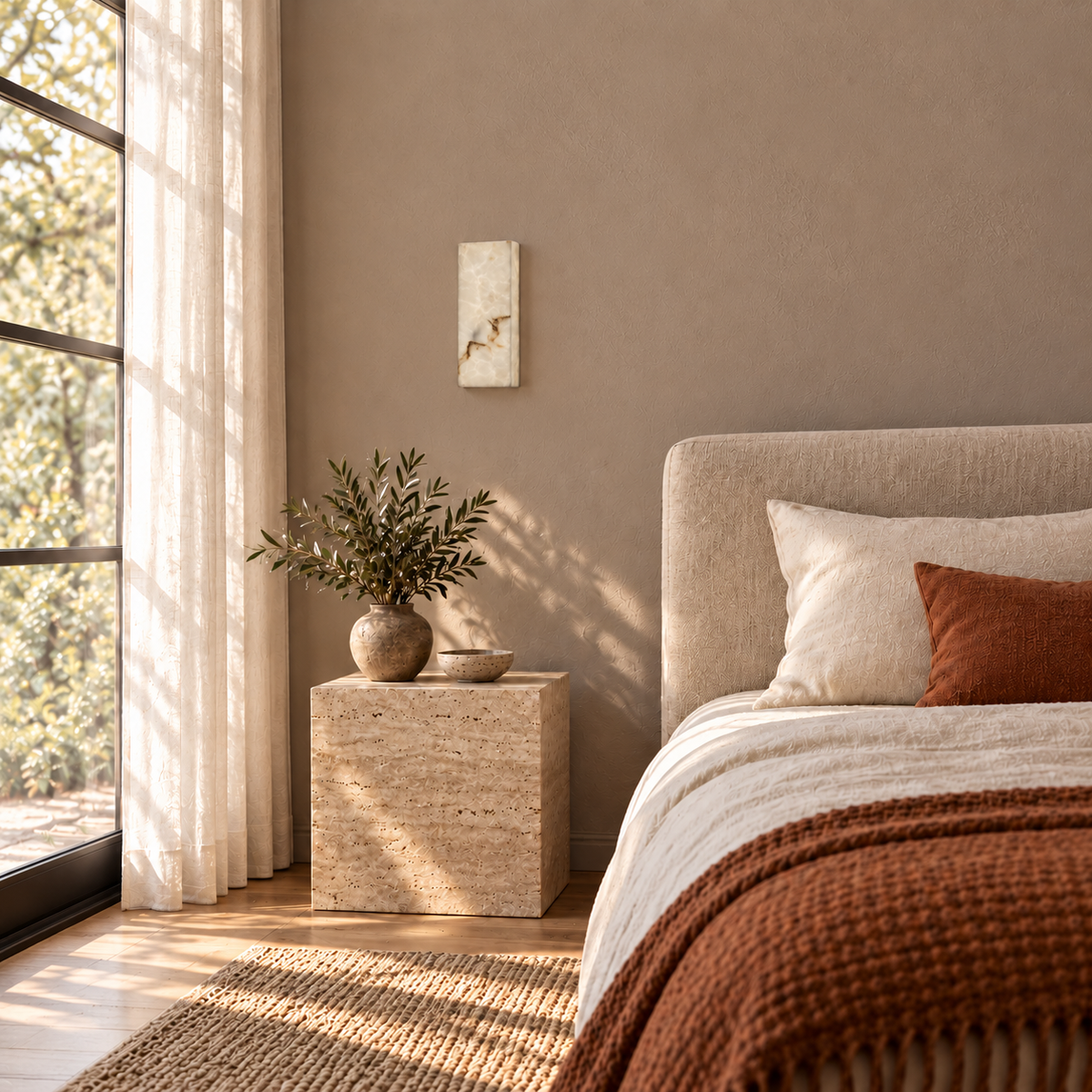Rectangular marble-effect resin wall light beside a bed in a bright bedroom, switched off
