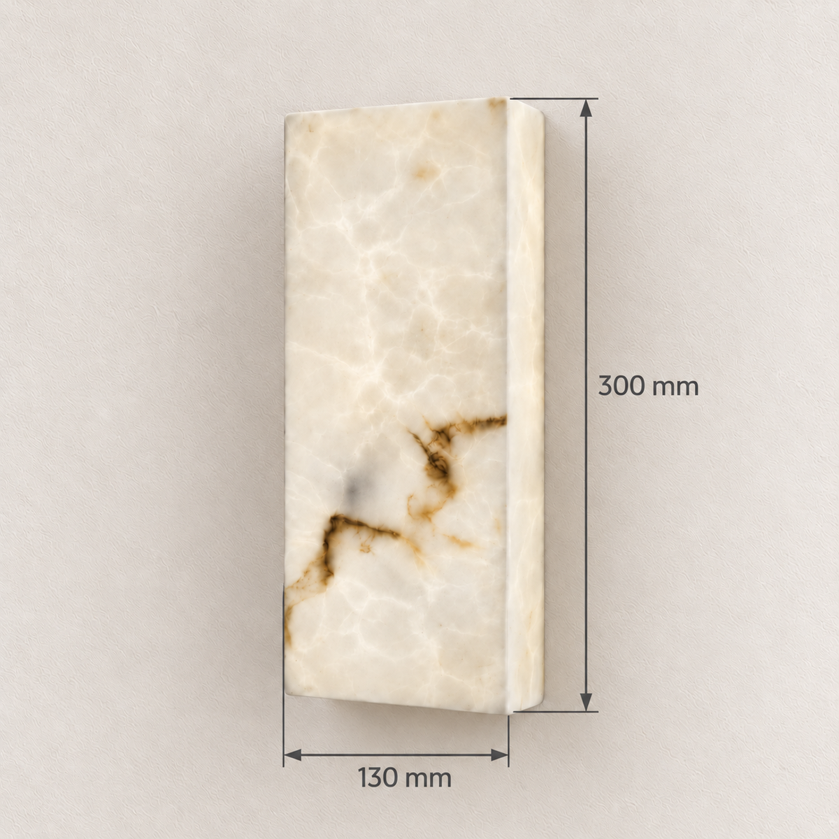 Rectangular marble-effect resin wall light showing 130 mm width and 300 mm overall height