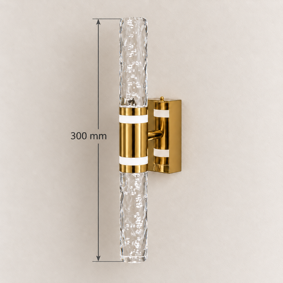 Faceted acrylic double-rod wall light showing 300 mm overall height