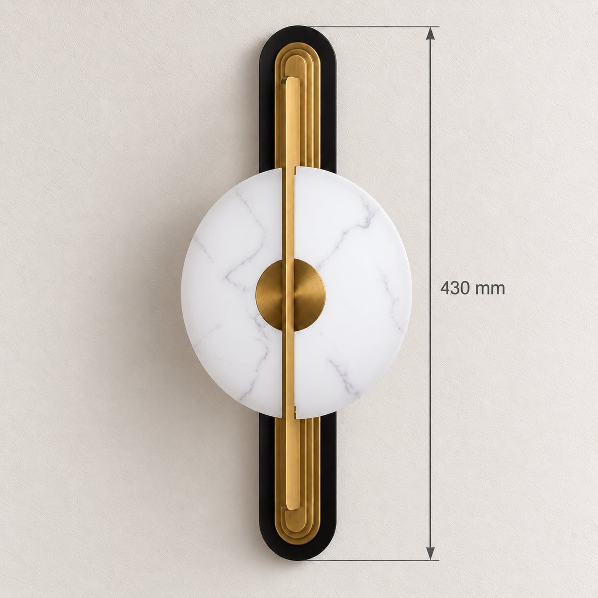 Veined acrylic disc and linear wall light showing 430 mm overall height