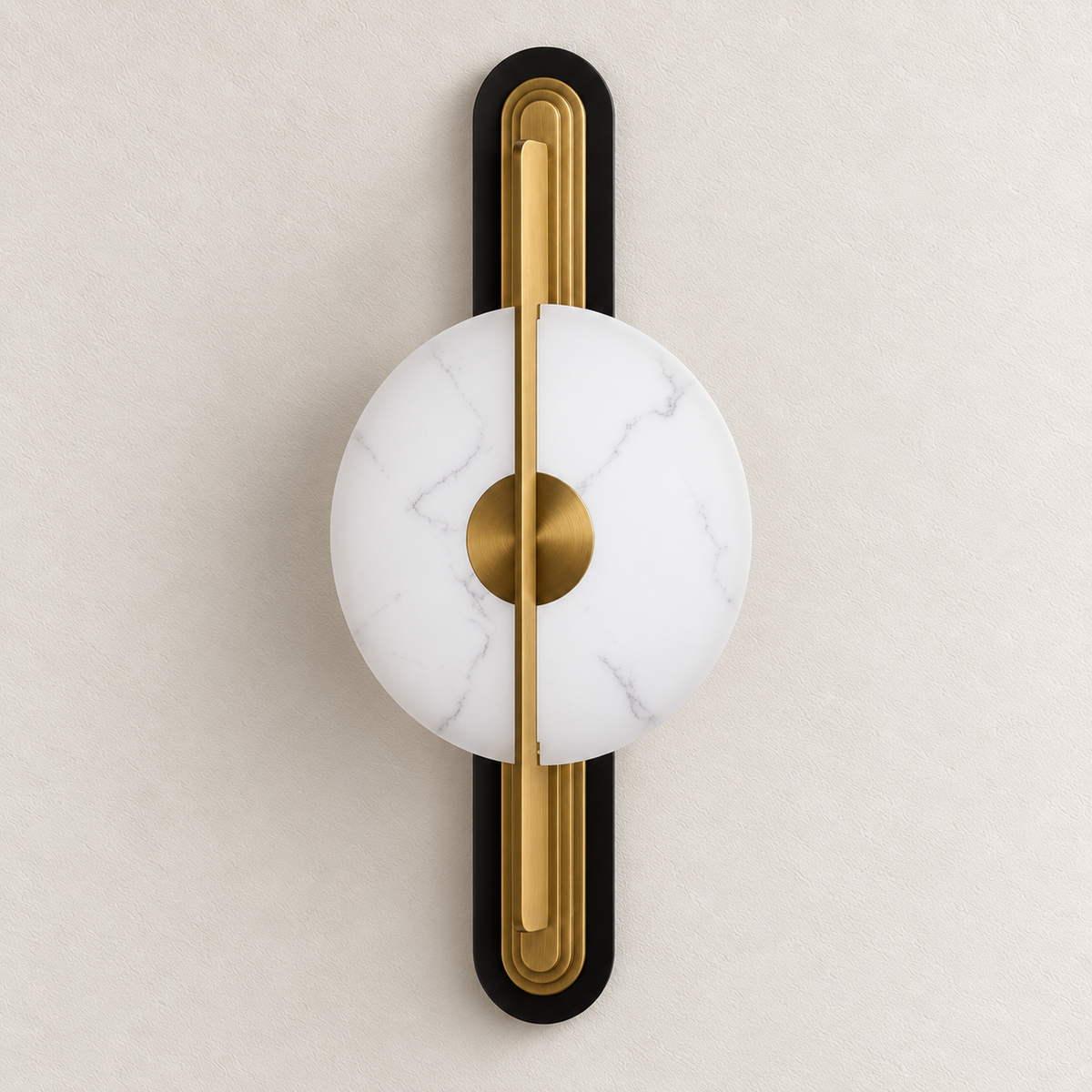 Veined Acrylic Disc and Linear Wall Light shown against a neutral background, switched off