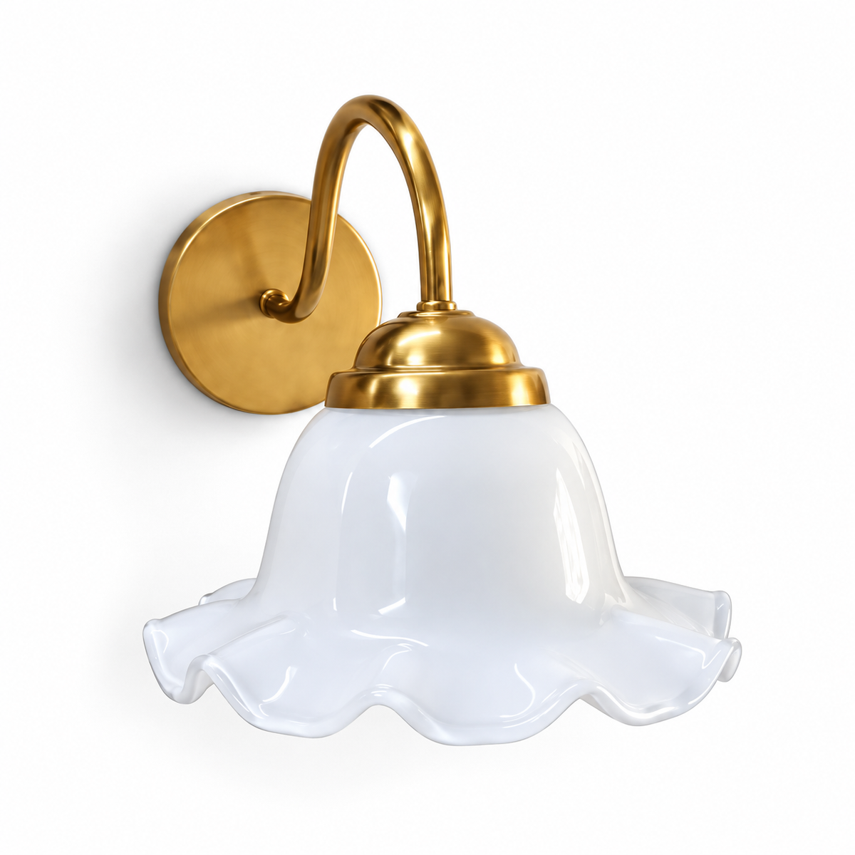 Scalloped bell glass wall light, switched off on a white studio background.