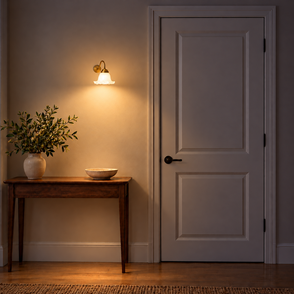 Scalloped bell glass wall light, illuminated in a nighttime interior setting.