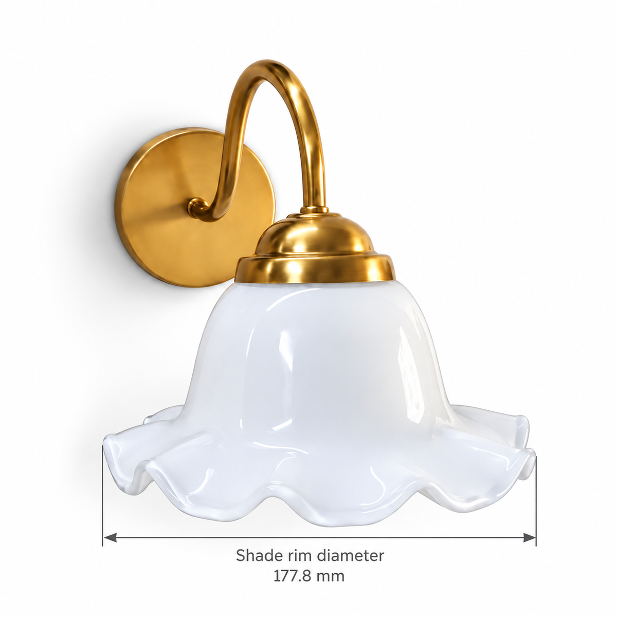 Scalloped bell glass wall light dimension diagram showing glass shade rim diameter 177.8 mm.