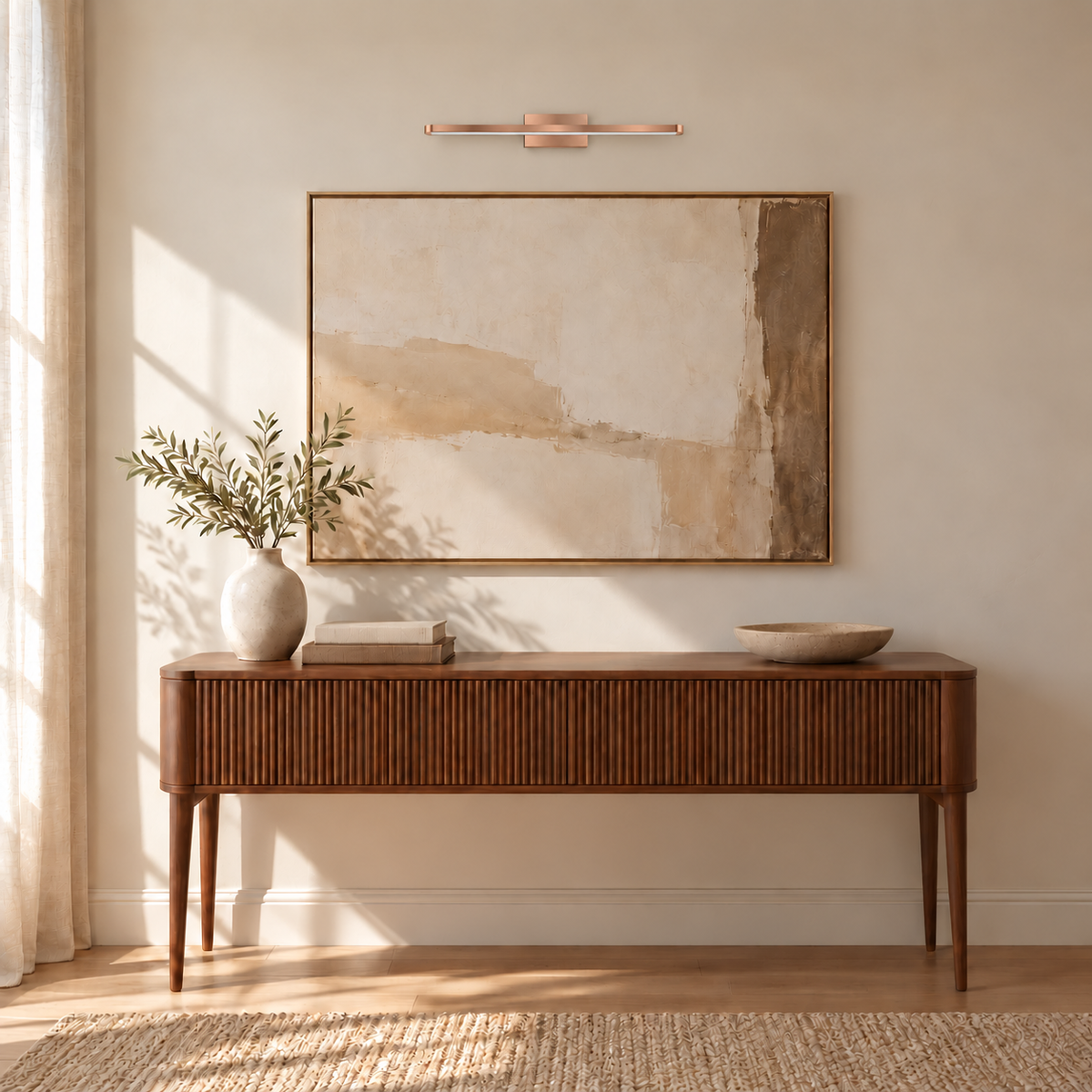 Rose-Gold Ultra-Slim Picture Light, 600 mm installed in a residential interior in daylight, light off