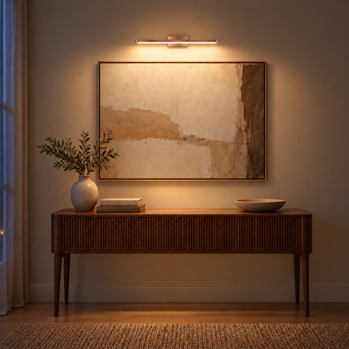 Rose-Gold Ultra-Slim Picture Light, 600 mm illuminated in the same residential interior at night