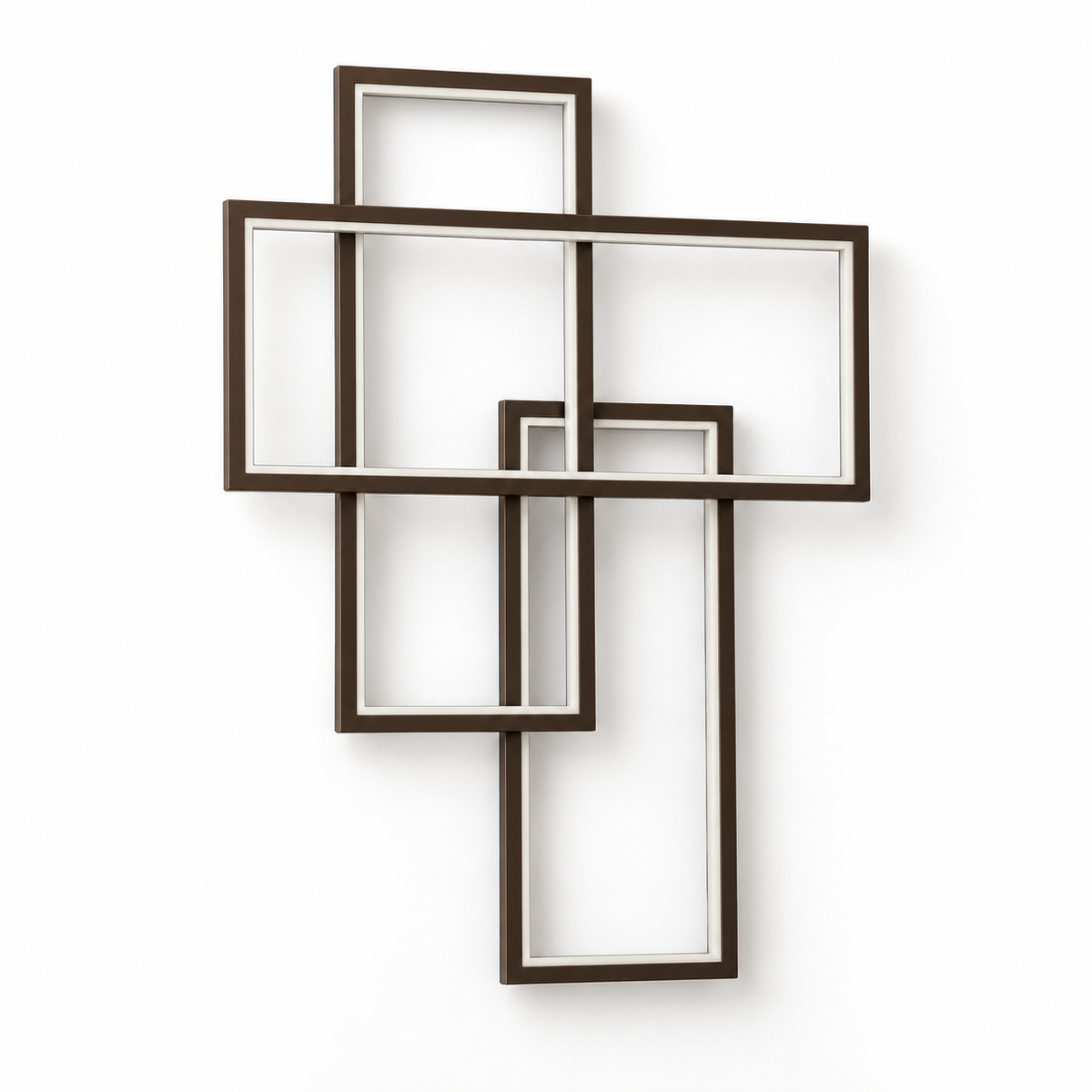 Coffee-coloured wall light with three overlapping open rectangular frames, switched off against a white studio background.