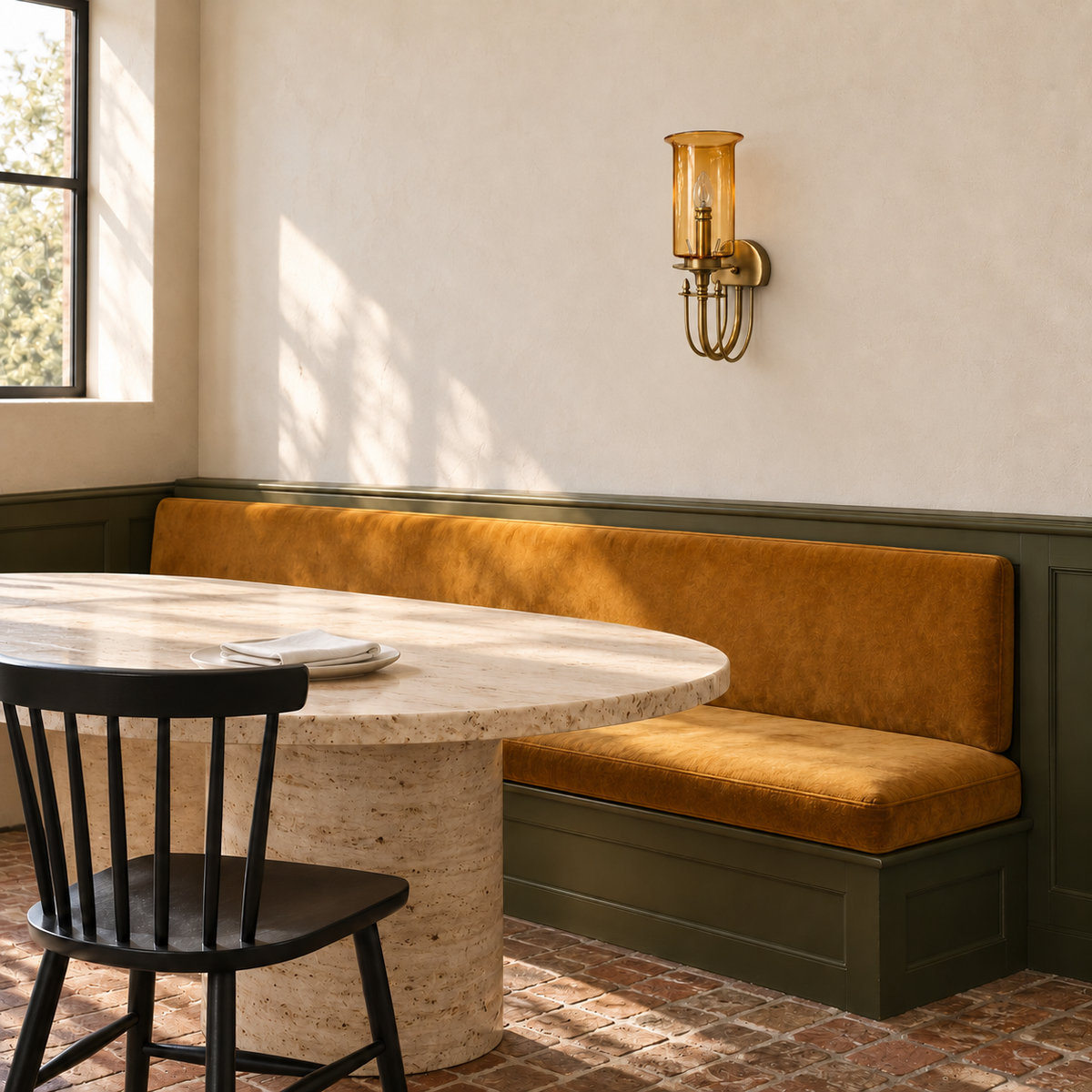 Amber Glass Hurricane Loop-Frame Wall Light above a dining banquette in daylight, switched off