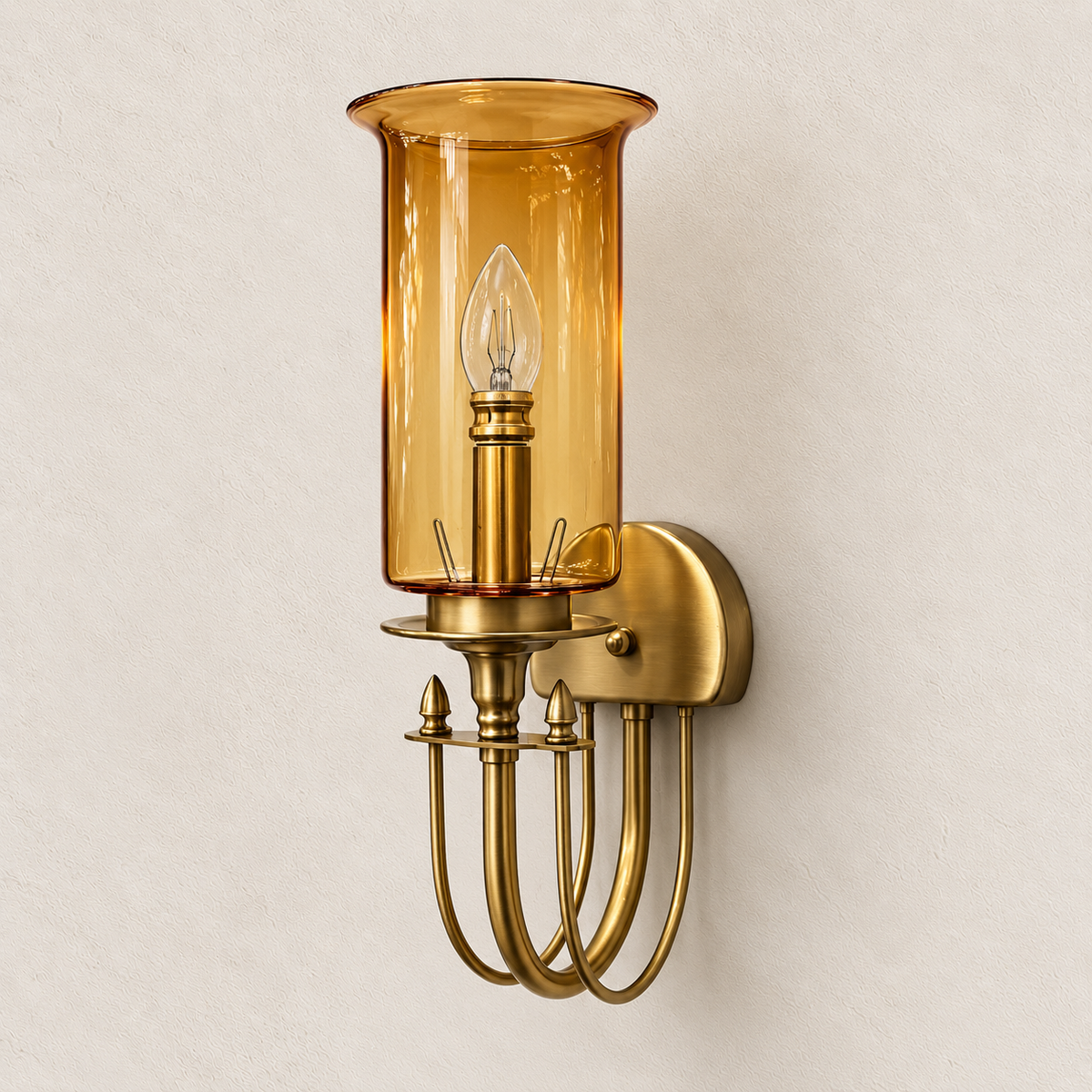 Amber Glass Hurricane Loop-Frame Wall Light shown against a neutral background, switched off