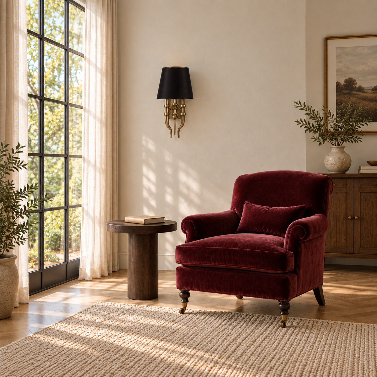 Black Tapered Shade Twin-Stem Wall Light beside an armchair in a sitting area in daylight, switched off