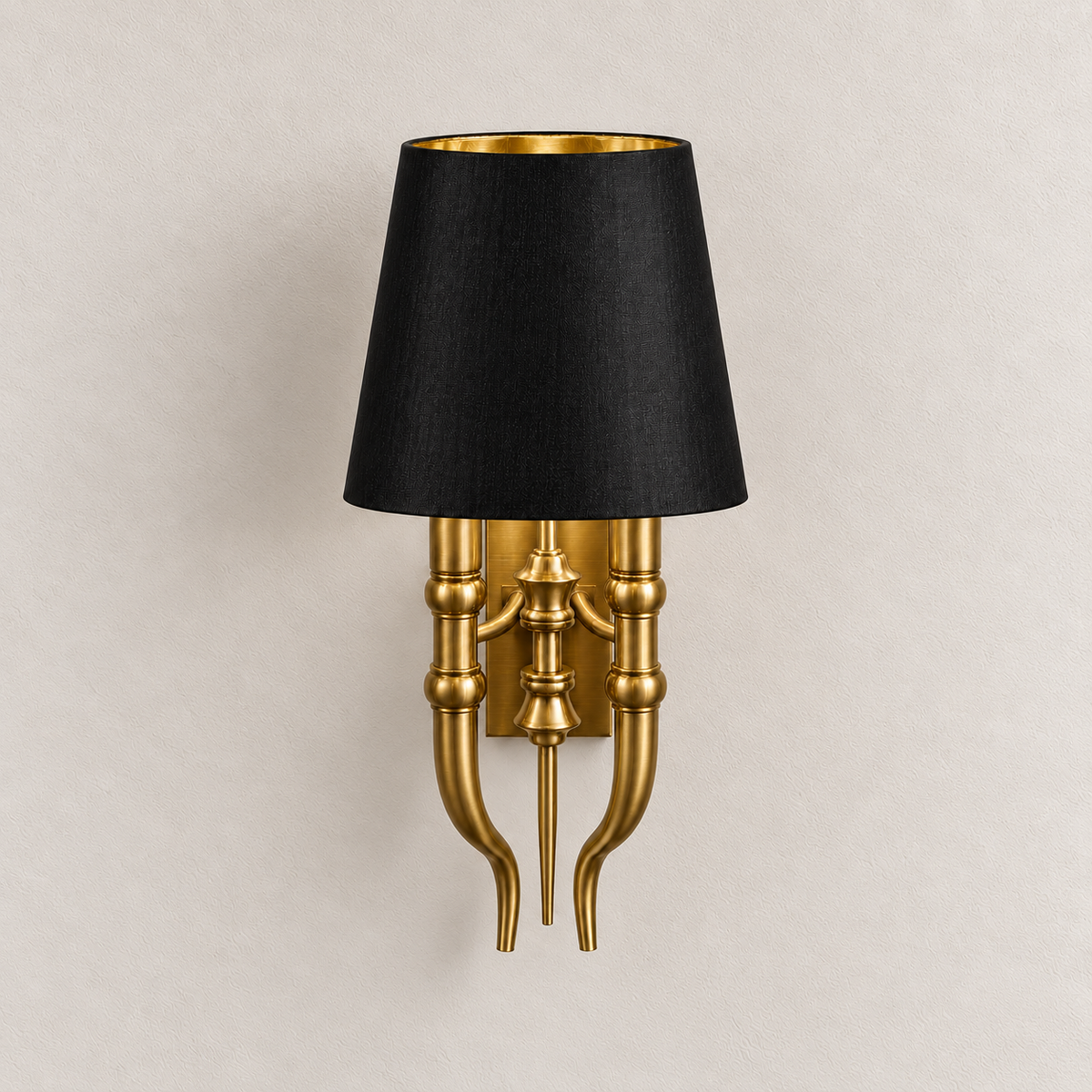 Black Tapered Shade Twin-Stem Wall Light shown against a neutral background, switched off