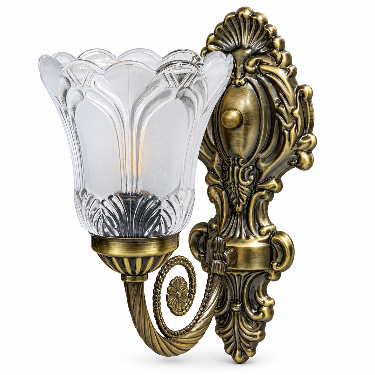 Scalloped clear and frosted glass wall light with an ornate backplate and curled arm, switched off on a white background.