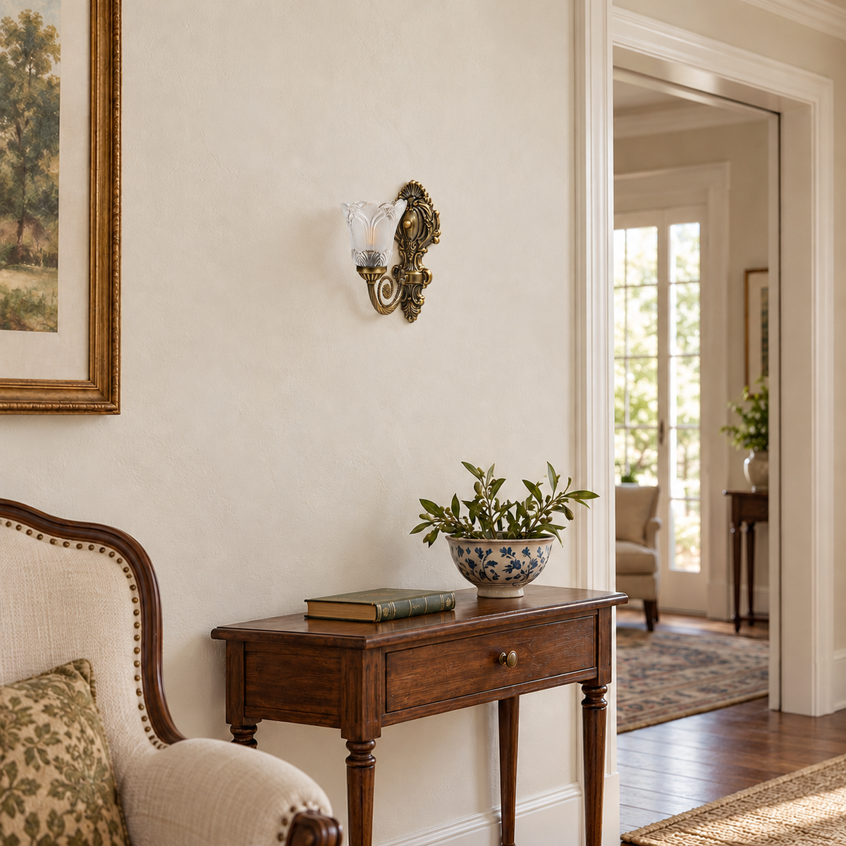 Scalloped glass scroll wall light switched off above a wooden console beside an upholstered chair in daylight.