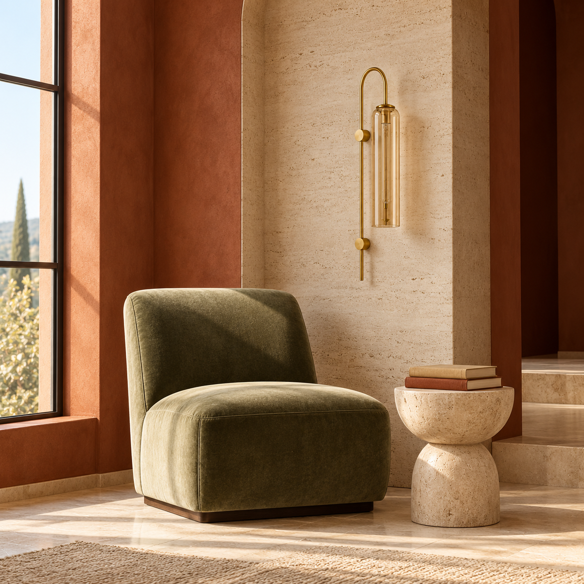 Amber glass arch-stem wall light beside a lounge chair in a bright living-room corner, switched off