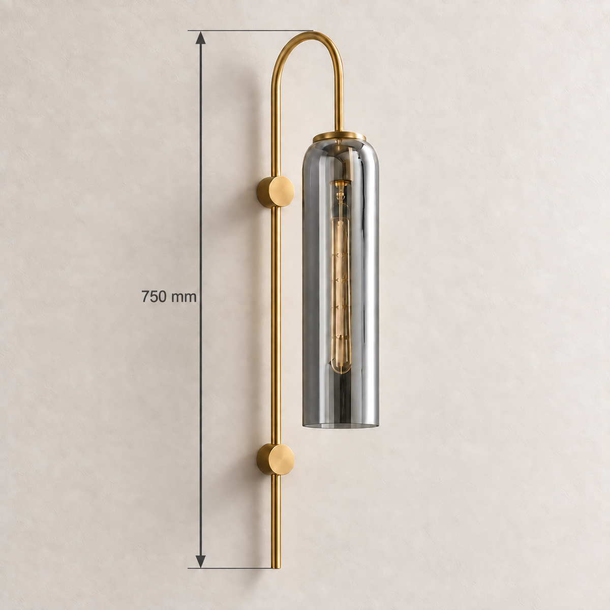 Smoke glass arch-stem wall light showing 750 mm overall height