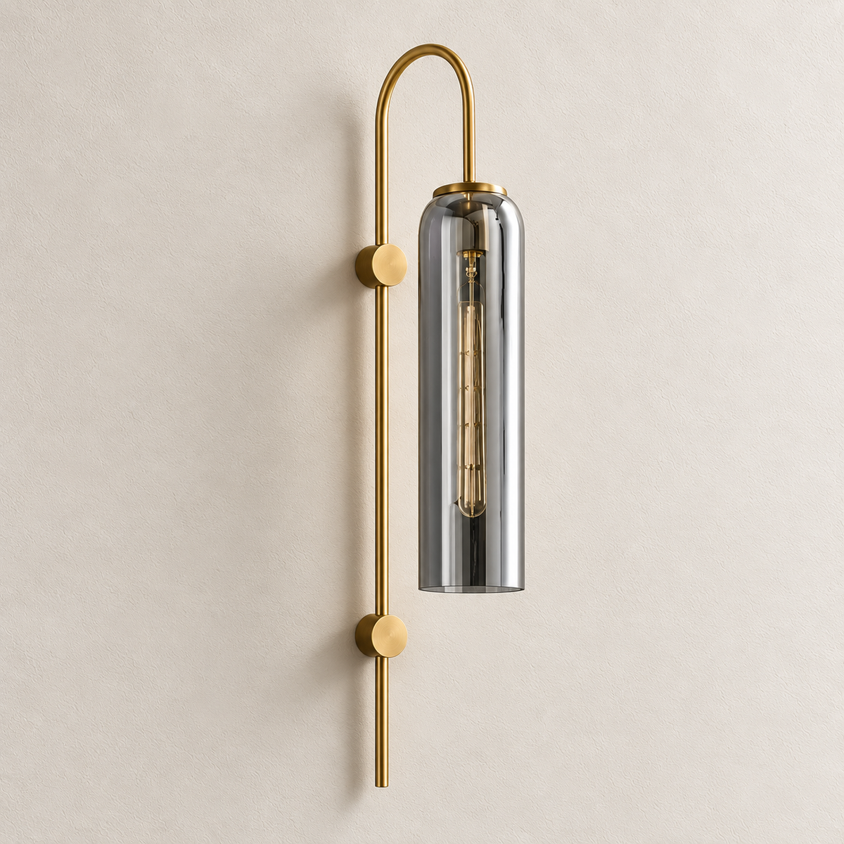 Smoke glass arch-stem wall light with long cylindrical shade and two round wall fittings, switched off