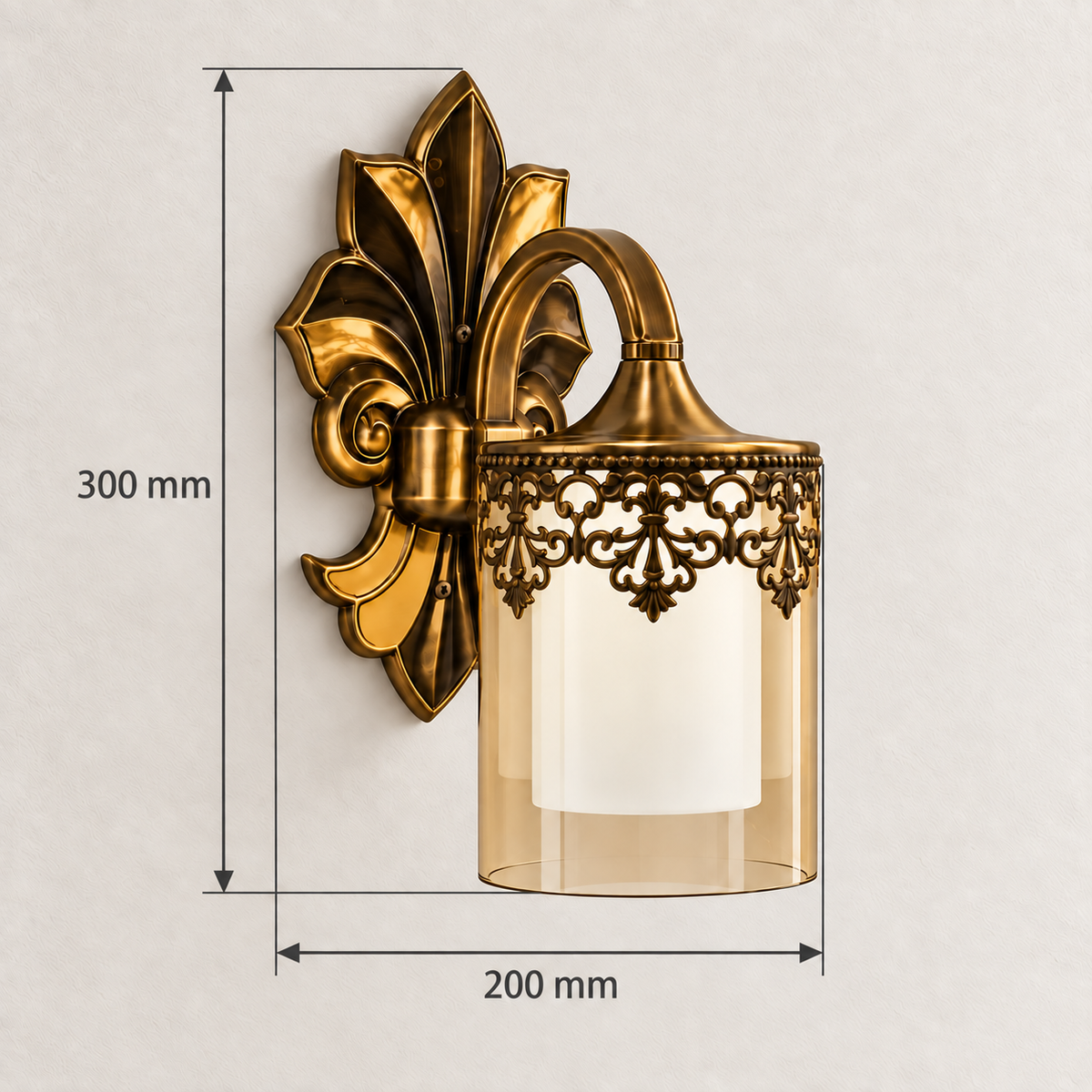 Leaf-backplate filigree glass wall light showing 200 mm width and 300 mm overall height