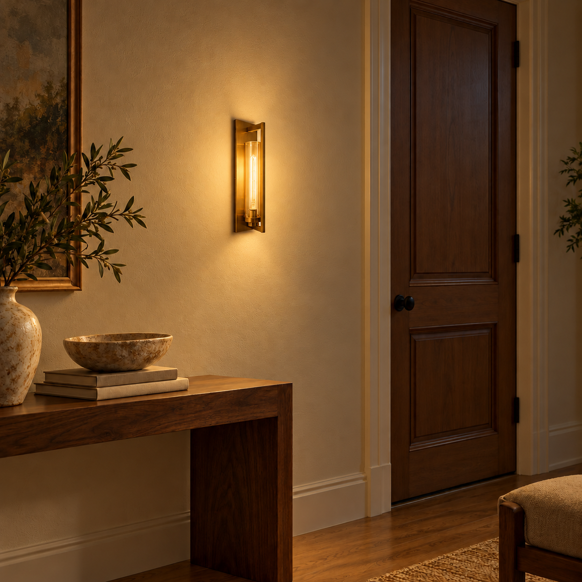 Amber Cylinder Open Frame Wall Light illuminated in a night-time interior setting.