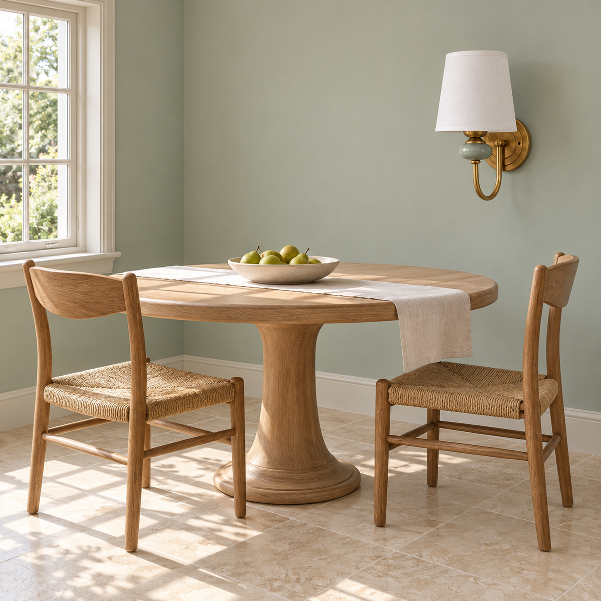 White Shade Loop-Arm Wall Light with Sage Accent beside a round dining table in daylight, switched off