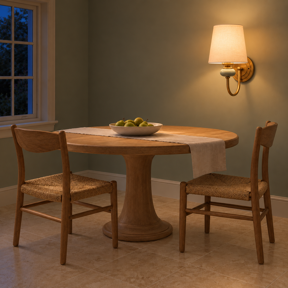 White Shade Loop-Arm Wall Light with Sage Accent beside a round dining table illuminated at night