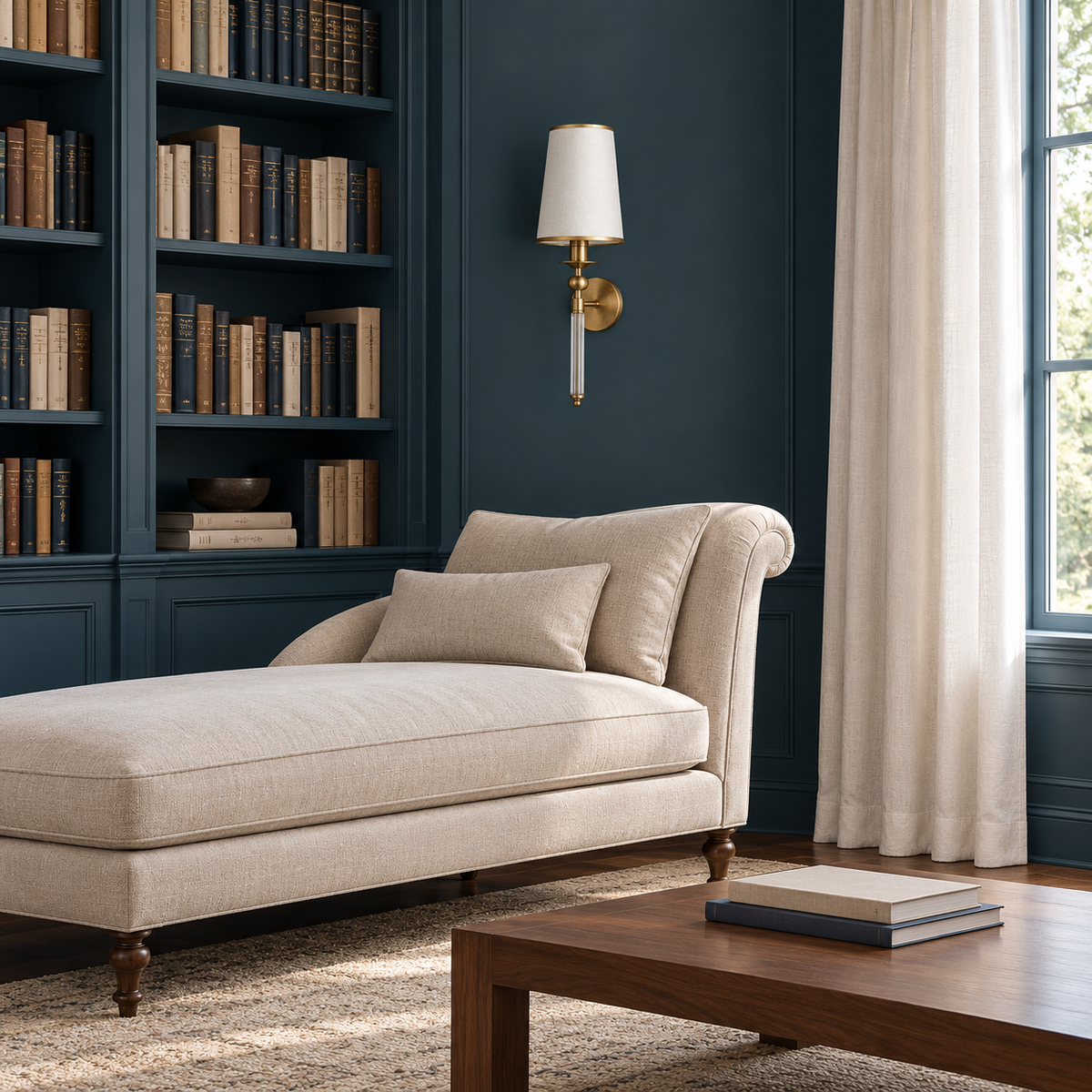 Tall White Shade Clear-Rod Wall Light above a chaise longue beside a bookcase in daylight, switched off