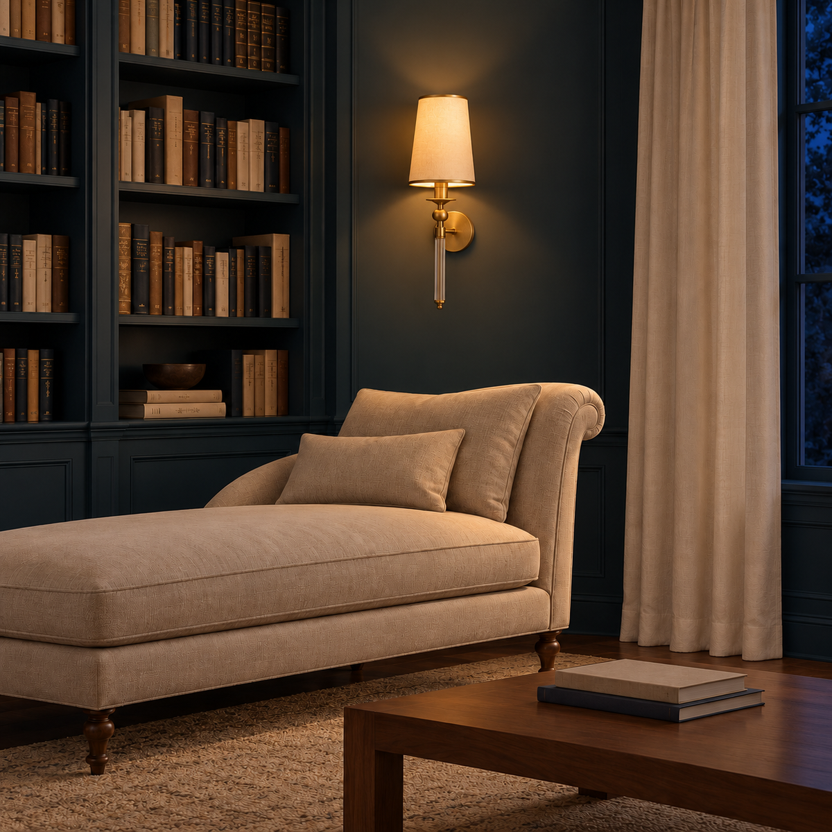 Tall White Shade Clear-Rod Wall Light above a chaise longue beside a bookcase illuminated at night