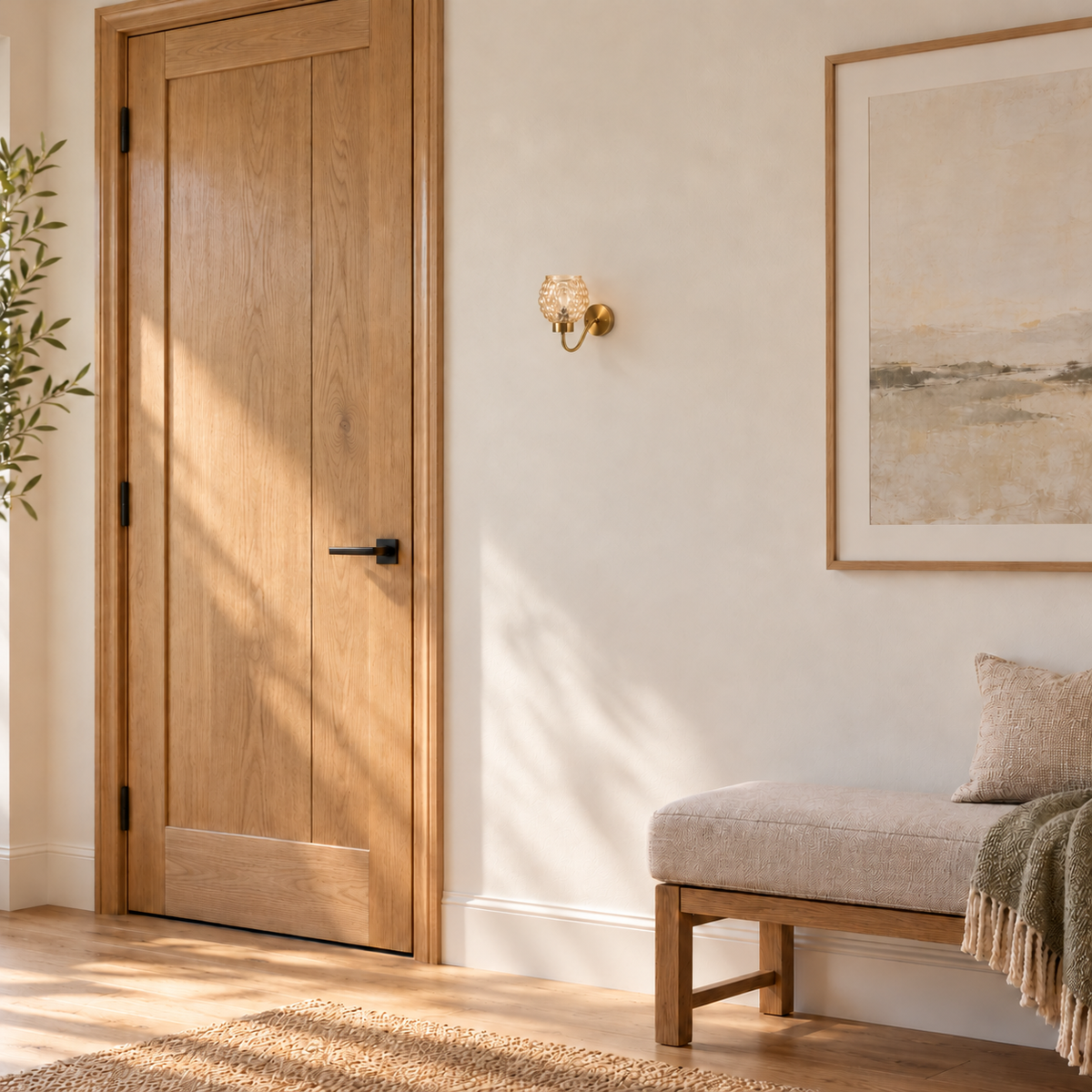 Amber bubble glass wall light switched off above an upholstered bench beside a wooden door in daylight.