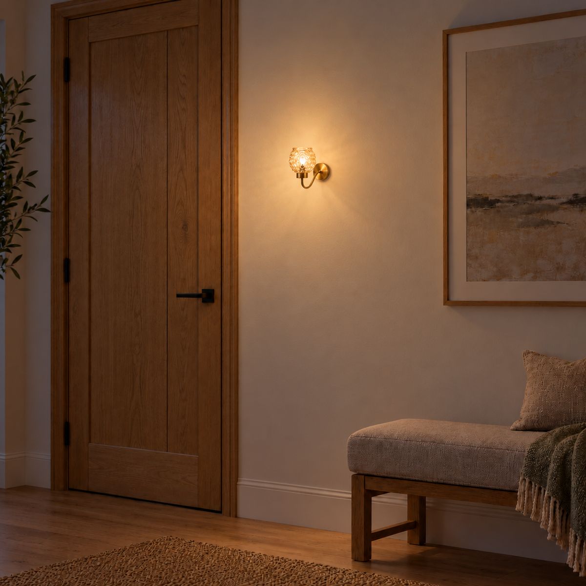 Amber bubble glass wall light illuminated above an upholstered bench beside a wooden door at night.