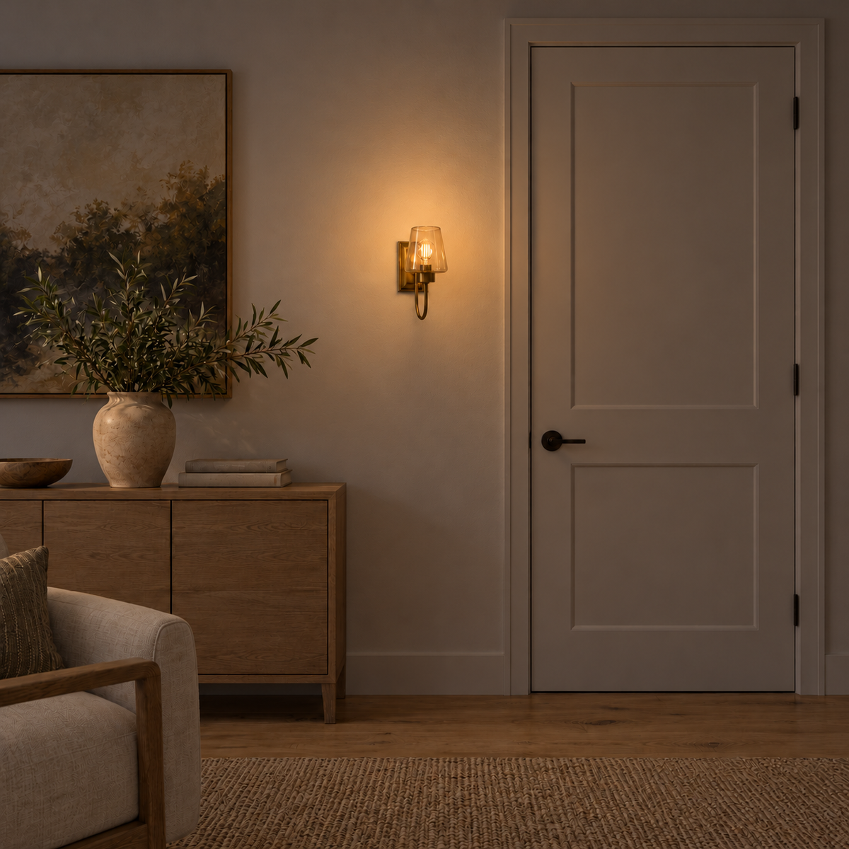 Tapered amber glass loop-arm wall light illuminated beside a white door and wooden cabinet at night.