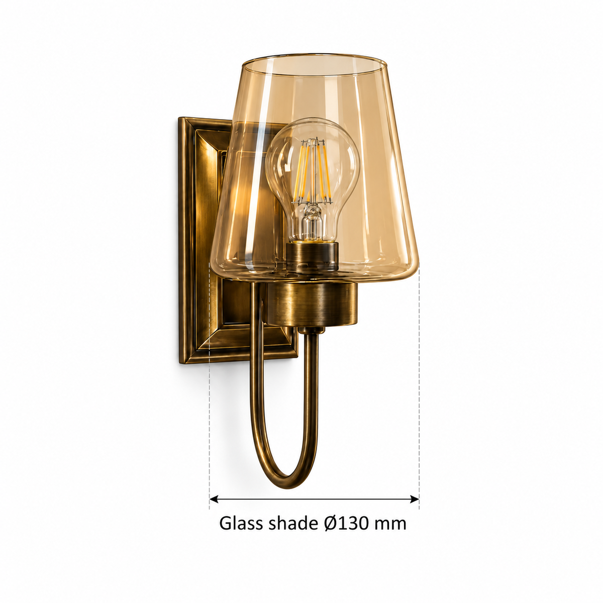 Tapered amber glass wall light dimension diagram showing the glass shade diameter only: 130 mm at the widest lower edge.