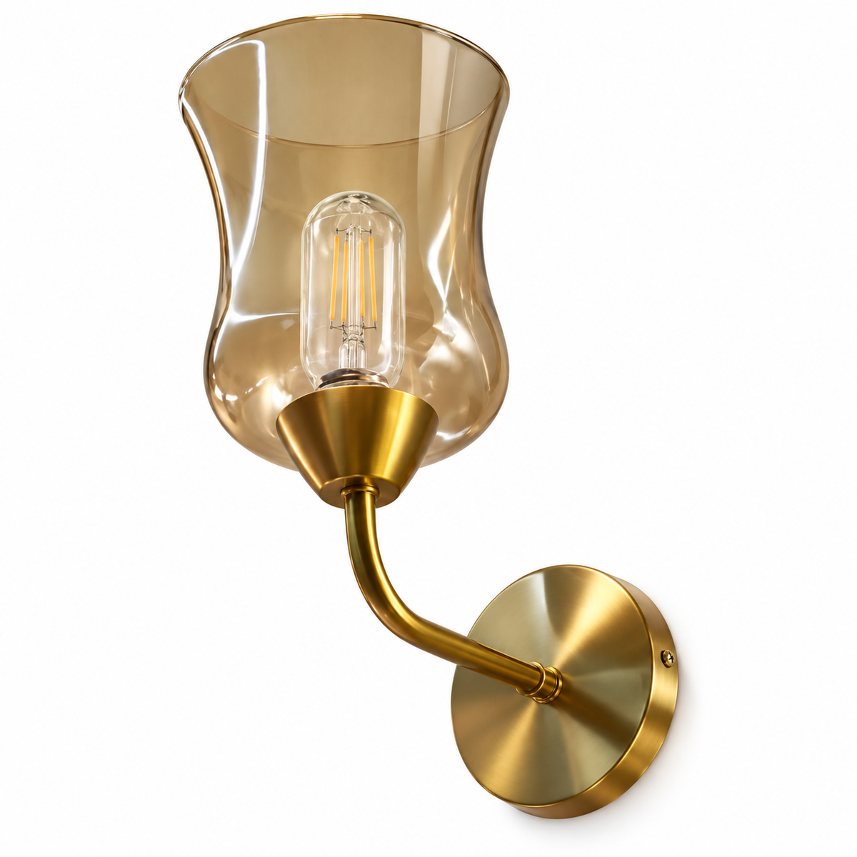 Amber hurricane glass wall light with a smooth flared shade, curved arm and round backplate, switched off on a white background.