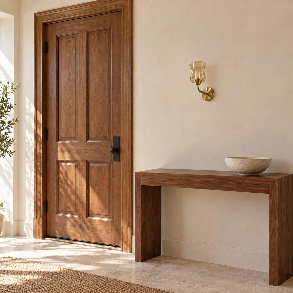 Amber hurricane glass wall light switched off beside a wooden door and above a console table in daylight.