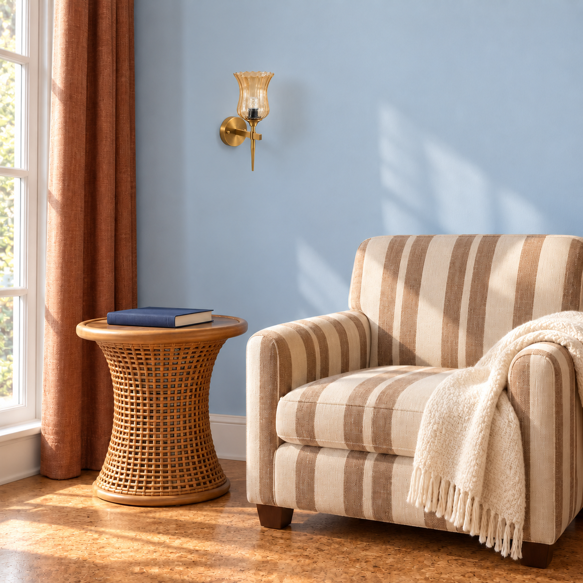 Flared amber glass spear-stem wall light beside a striped armchair in daylight, switched off