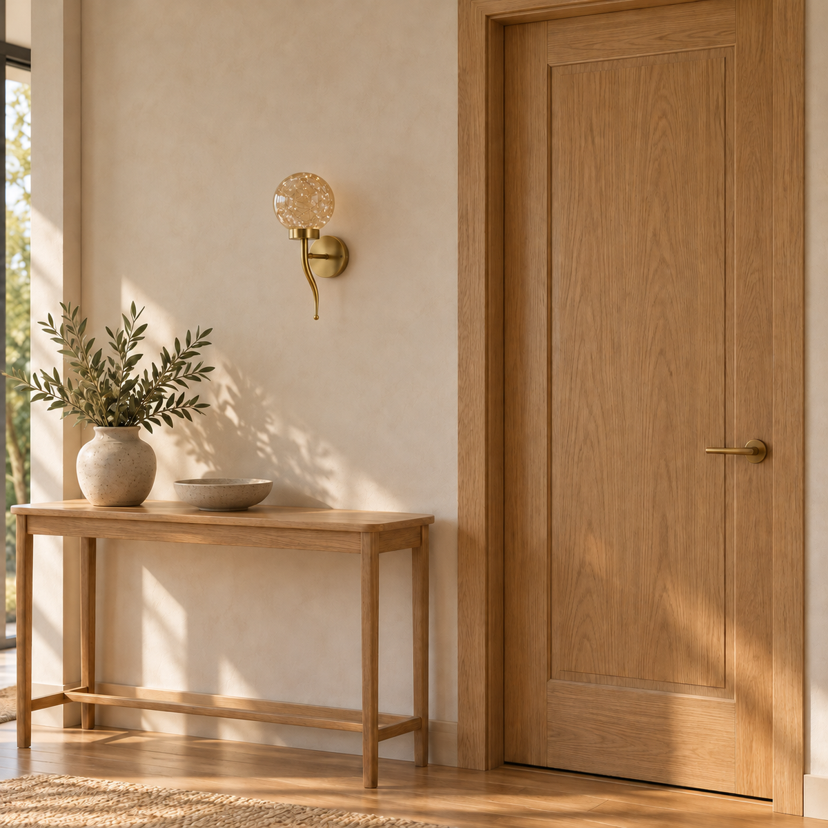 Amber glass pinpoint globe wall light switched off above a wooden console beside a wooden door in daylight.
