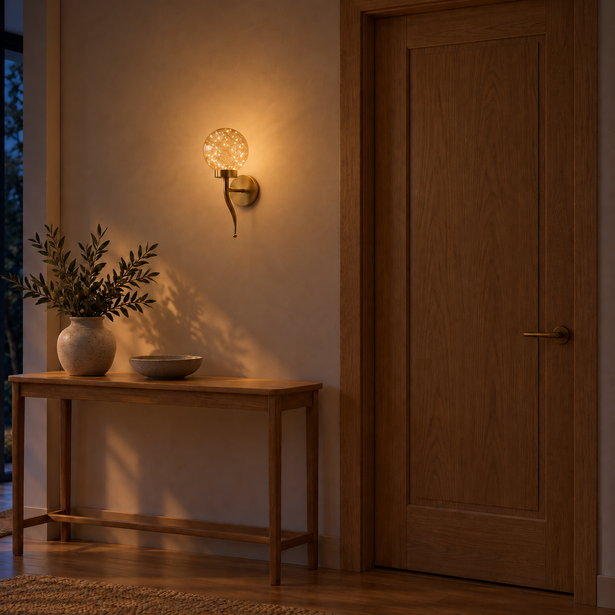 Amber glass pinpoint globe wall light illuminated above a wooden console beside a wooden door at night.