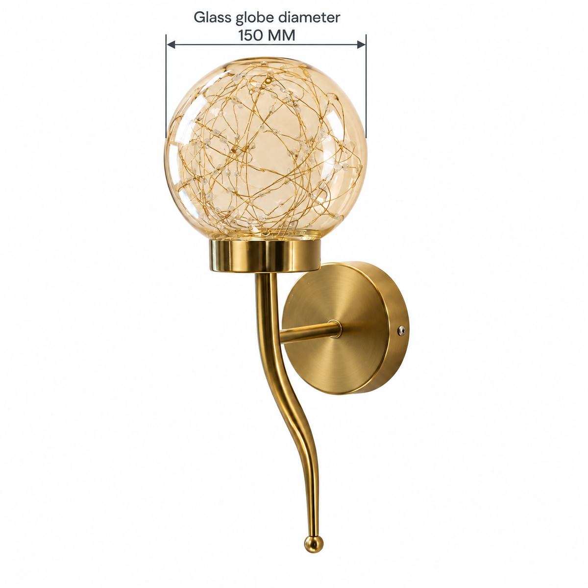 Amber glass pinpoint globe wall light dimension diagram showing the glass globe diameter only: 150 mm.