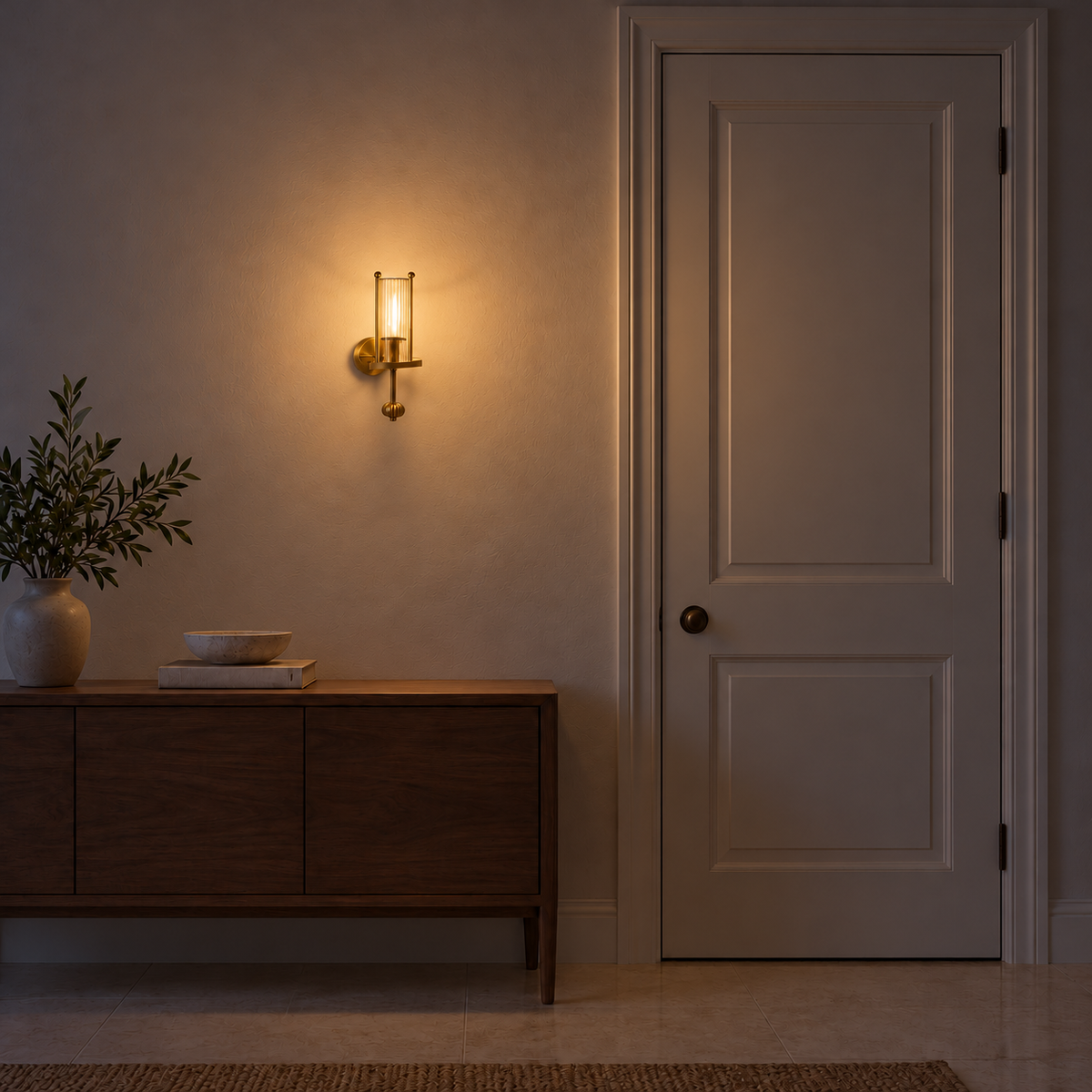 Amber glass cylinder finial wall light illuminated beside a panelled door and above a wooden cabinet at night.