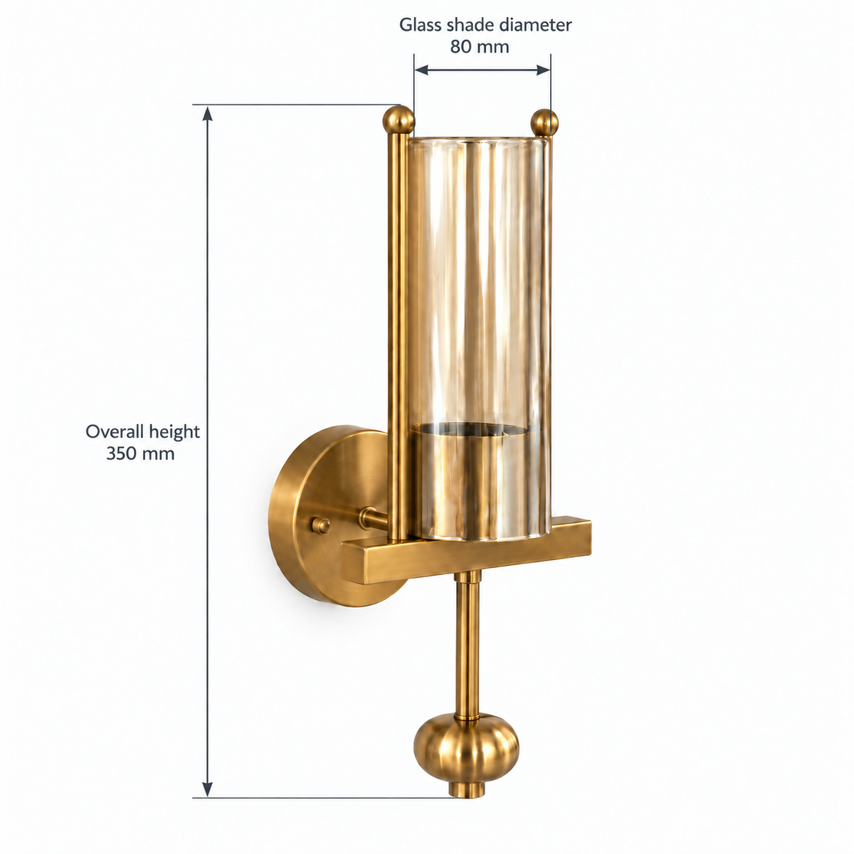 Amber glass cylinder wall light dimension diagram showing 350 mm overall height and 80 mm glass shade diameter.