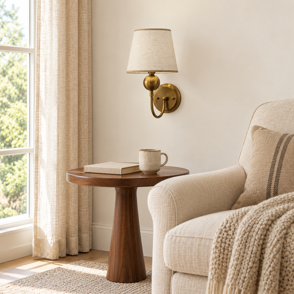 Globe Stem Curved Arm Wall Light above a round side table beside an upholstered armchair in daylight, switched off