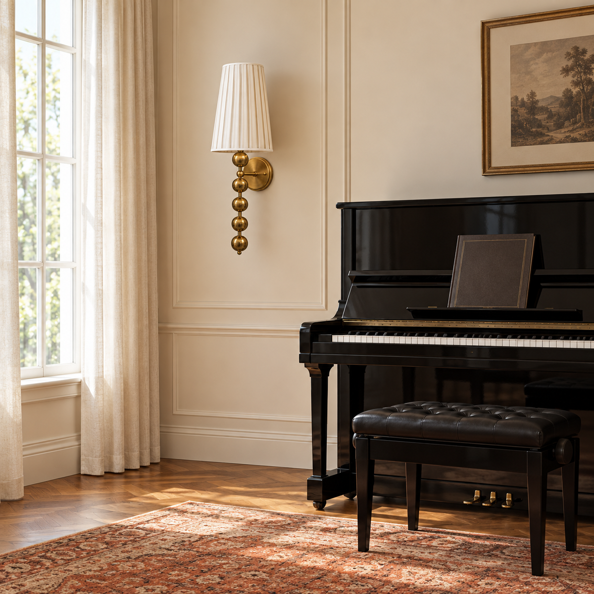 Pleated White Shade Five-Orb Wall Light beside a piano in a panelled room in daylight, switched off