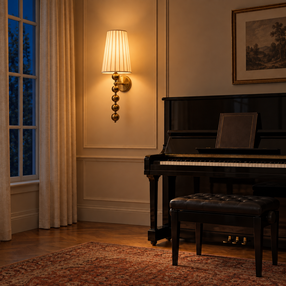 Pleated White Shade Five-Orb Wall Light beside a piano in a panelled room illuminated at night