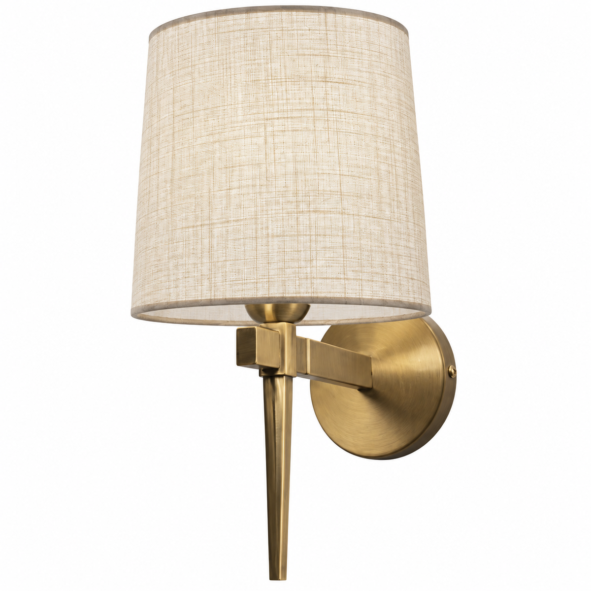Off-white drum shade wall light with a narrow tapered gold-tone stem and round backplate, switched off against a white background